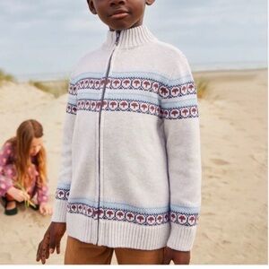 Tea Collection Youth Toasty Traveler Fair Isle Full Zip Sweater Cream Blue Brown